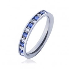 Stalowy pierścionek - niebieskie i przeźroczyste kamyczki