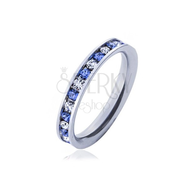Stalowy pierścionek - niebieskie i przeźroczyste kamyczki