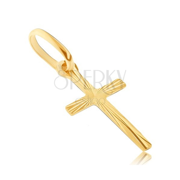 Złoty wisiorek 585 - wąski krzyżyk z cienkimi lśniącymi pasami