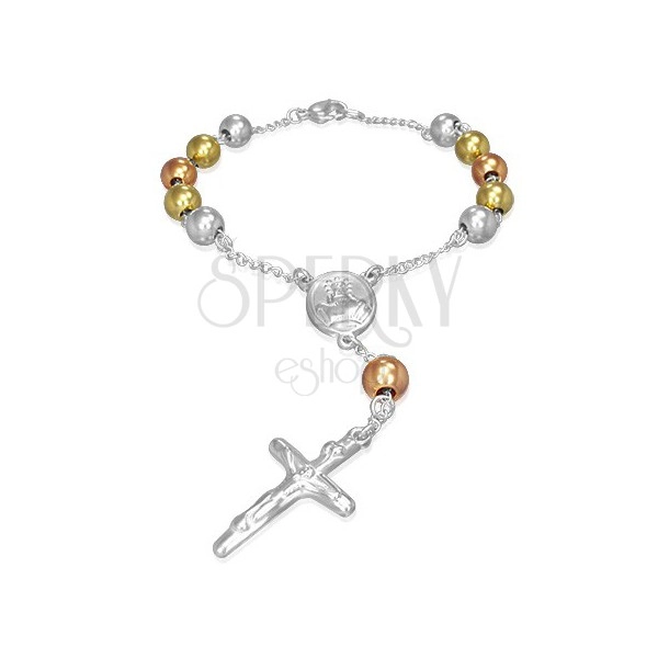 Trzykolorowa bransoletka na rękę - kuleczki, medalik, krzyż