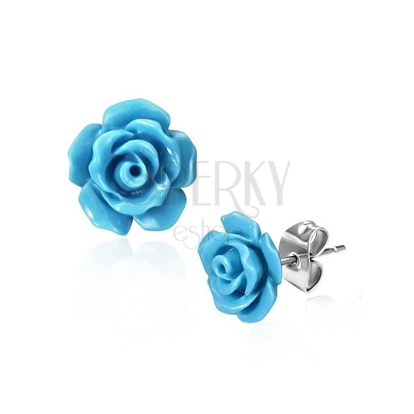 Stalowe kolczyki wkręty, błyszczące niebieskie róże