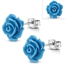 Stalowe kolczyki wkręty, błyszczące niebieskie róże