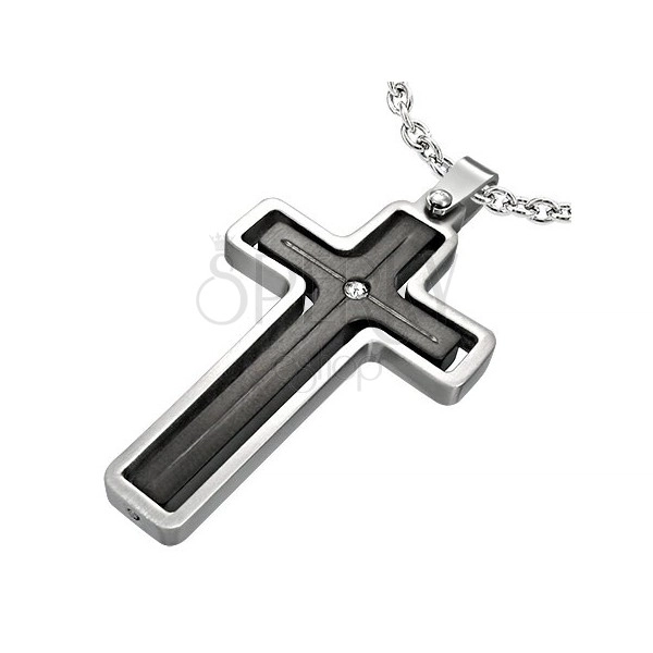 Zwieszka ze stali w kształcie krzyża łacińskiego - srebrno-czarna, cyrkonia