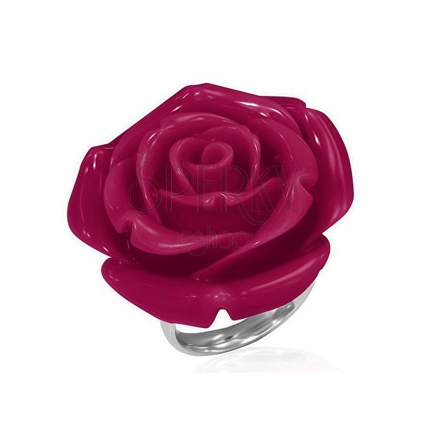 Stalowy pierścionek  - czerwona róża wykonana z żywicy