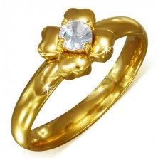 Złoty pierścionek ze stali nierdzewnej z bezbarwną cyrkonią - kwiat