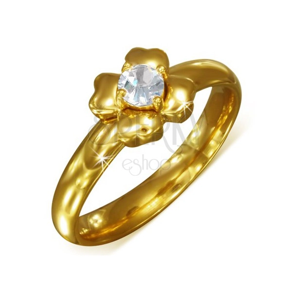 Złoty pierścionek ze stali nierdzewnej z bezbarwną cyrkonią - kwiat