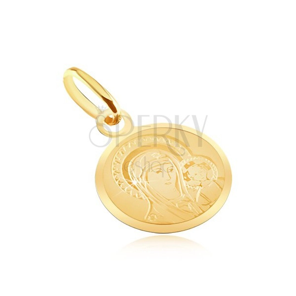 Złoty płaski wisiorek 585 - okrągły medalik z Madonną i Dzieciątkiem