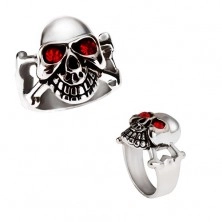 Lśniący stalow pierścień - srebrna czaszka z czerwonymi oczami