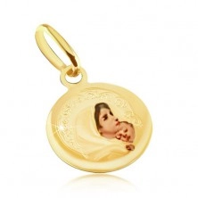 Złoty wisiorek 585 - okrągły medalik, Maryja Panna, prześwitująca emalia