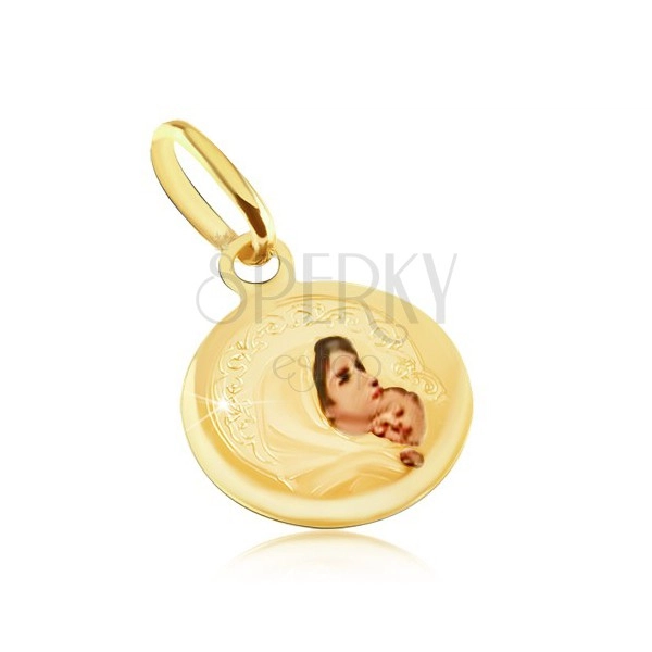 Złoty wisiorek 585 - okrągły medalik, Maryja Panna, prześwitująca emalia