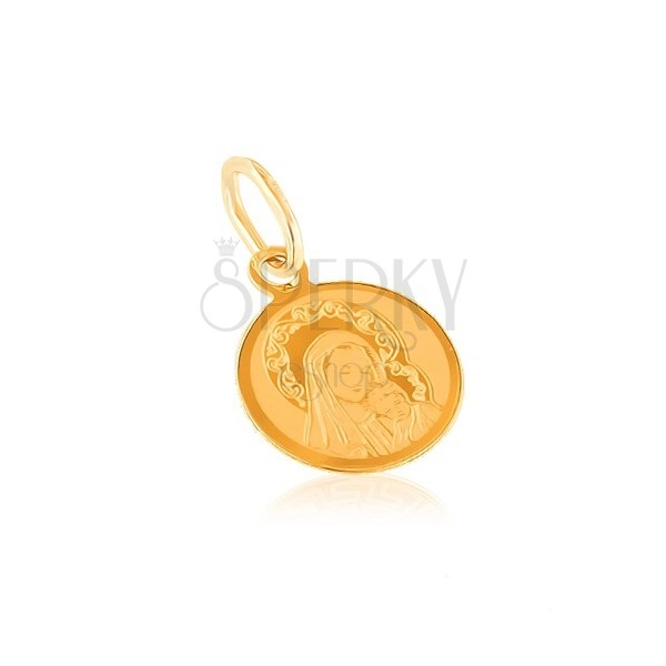 Złoty 14K wisiorek - okrągły medalik, grawerowanie Maryi Panny z Dzieciątkiem