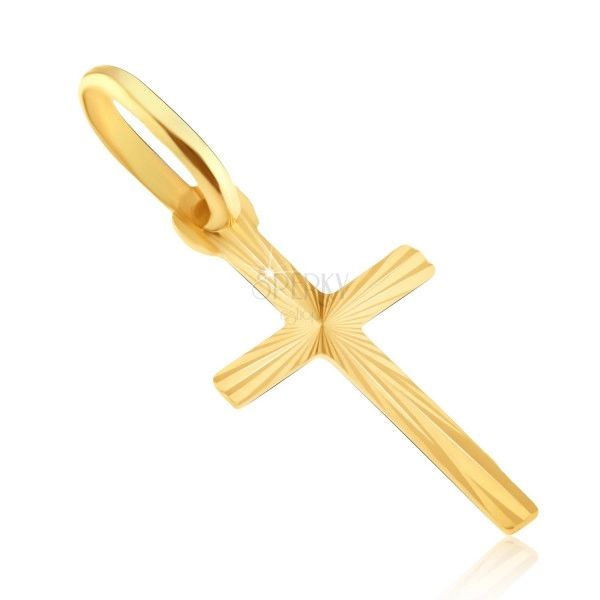 Lśniący wisiorek ze złota 14K - mały płaski krzyż łaciński, promieniste nacięcia