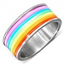 Stalowy pierścień z kolorowymi gumowymi paseczkami