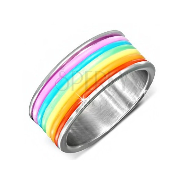 Stalowy pierścień z kolorowymi gumowymi paseczkami
