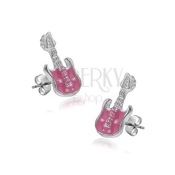 Kolczyki ze srebra 925 - gitara z różową lśniącą glazurą