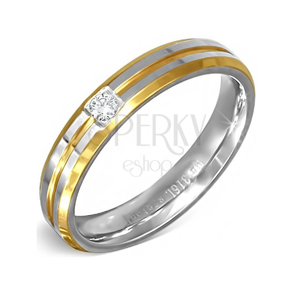 Srebrno-złoty pierścień ze stali z małym przeźroczystym kamyczkiem