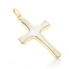 Przywieszka z żółtego złota 14K - matowy łaciński krzyż w białym złocie, lśniące brzegi