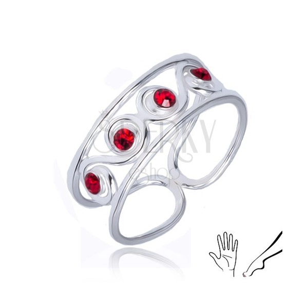 Pierścionek z serca 925 - esowity wzór z czerwonymi kamyczkami