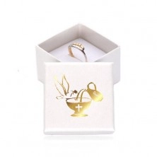 Pudełeczko na prezent w kolorze białym, złoty gołąb, dzbanek i kielich