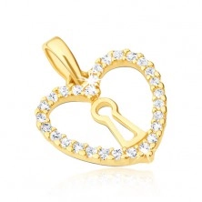Wisiorek z żółtego złota 14K - symetryczny zarys serca, dziurka od klucza, cyrkonie