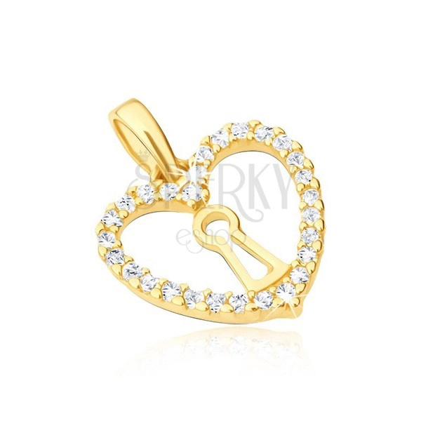 Wisiorek z żółtego złota 14K - symetryczny zarys serca, dziurka od klucza, cyrkonie