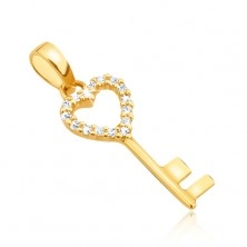 Wisiorek z żółtego złota 14K - lśniący kluczyk, symetryczny zarys serca, kamyczki