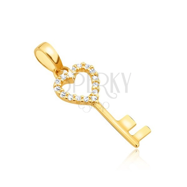 Wisiorek z żółtego złota 14K - lśniący kluczyk, symetryczny zarys serca, kamyczki