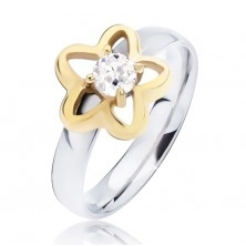 Stalowy pierścionek, złoty kontur kwiatu z przeźroczystą okrągłą cyrkonią