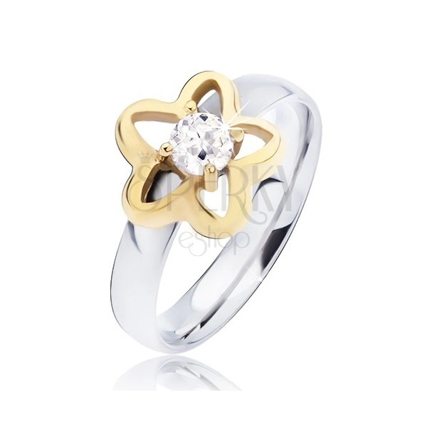 Stalowy pierścionek, złoty kontur kwiatu z przeźroczystą okrągłą cyrkonią