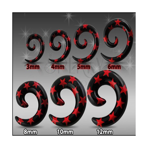 Czarny expander do ucha - spirala z czerwonymi gwiazdami
