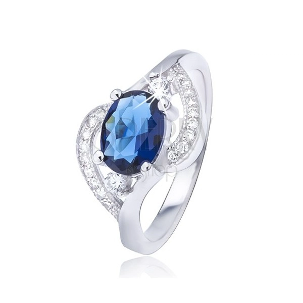 Srebrny pierścionek 925 z owalnym oczkiem w kolorze niebieskim, falowane ramiona
