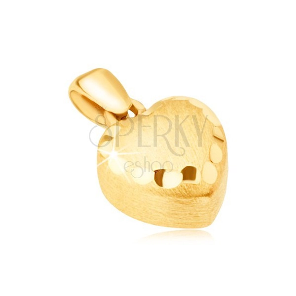 Złoty wisiorek 585 - symetryczne serce 3D, satynowa powierzchnia, ozdobne rowki
