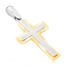 Wisiorek ze złota 14K - dwukolorowy krzyż łaciński, matowo-lśniący