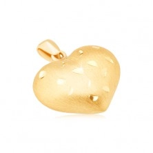 Złoty wisiorek 585 - symetryczne serce 3D, drobne lśniące rowki, satynowa powierzchnia