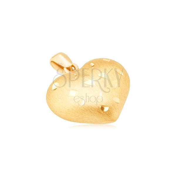 Złoty wisiorek 585 - symetryczne serce 3D, drobne lśniące rowki, satynowa powierzchnia