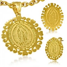 Złoty stalowy komplet, kolczyki i wisiorek z motywem Wniebowzięcia Marii Panny 