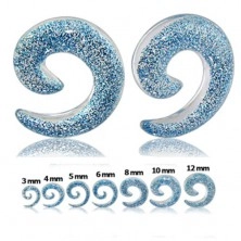 Przeźroczysty expander do ucha - spirala z niebieskim brokatem