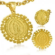 Złoty stalowy komplet - okrągłe kolczyki i zawieszka z Matką Boską