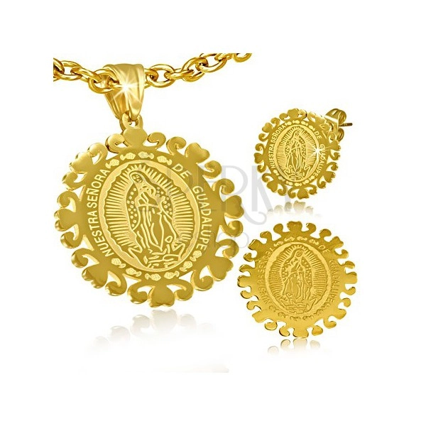 Złoty stalowy komplet - okrągłe kolczyki i zawieszka z Matką Boską