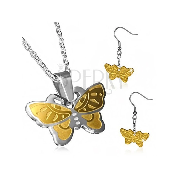 Dwukolorowy komplet - kolczyki motyle i łańcuszek z zawieszką