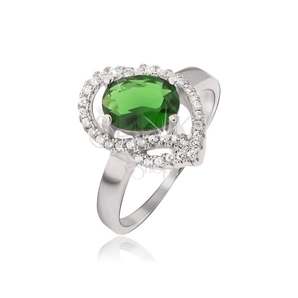 Srebrny pierścionek 925, owalny zielony kamyczek, cyrkoniowe łuczki
