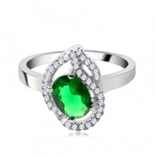 Srebrny pierścionek 925, owalny zielony kamyczek, cyrkoniowe łuczki