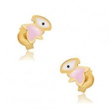 Kolczyki z żółtego 9 karatowego złota - różowo-biały ptaszek, błyszczący