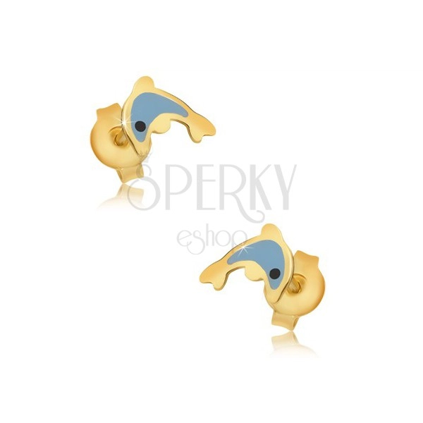 Złote kolczyki 375 - emaliowany niebieski delfin, lśniąca gładka powierzchnia