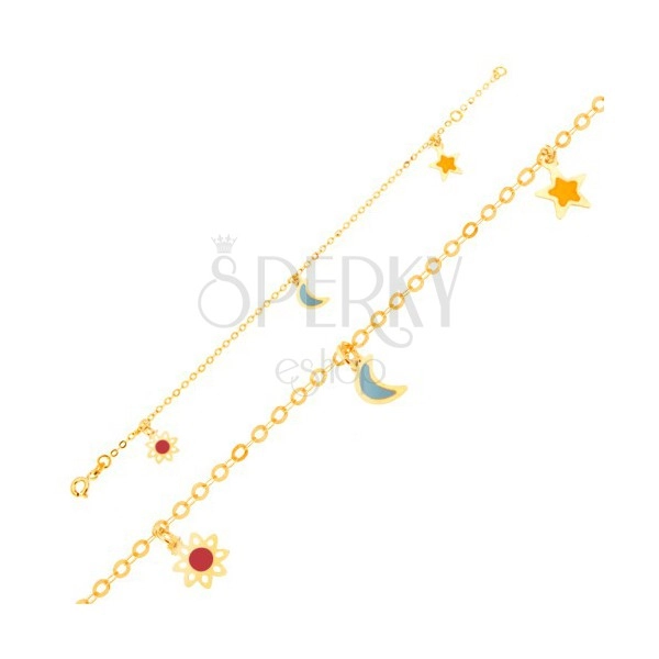 Bransoletka z żółtego złota 9K - biało-czerwony kwiatek, księżyc, gwiazda, łańcuszek