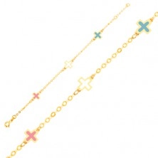 Złota bransoletka 375 - lśniące emaliowane kolorowe krzyżyki, cienki łańcuszek