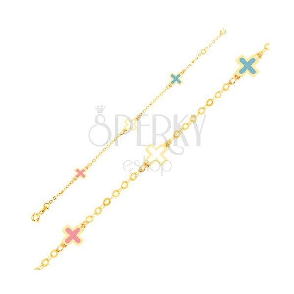 Złota bransoletka 375 - lśniące emaliowane kolorowe krzyżyki, cienki łańcuszek