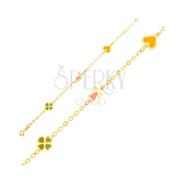 Bransoletka z żółtego złota 9K - łańcuszek, czterolistna koniczyna, postać, serce z emalią