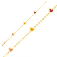 Bransoletka z żółtego złota 9K - kolorowe emaliowane serca, lśniący łańcuszek
