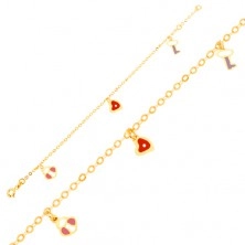 Złota bransoletka 375, emaliowana kłódka, serce i kluczyk na lśniącym łańcuszku